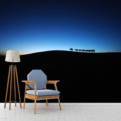 Dark Color Modern Mural Whole Desert Landscape with Camel at Sunset Wall Decor for Home Blue Clearhalo 'Wall Decor' 'Wall Mural' 2009458