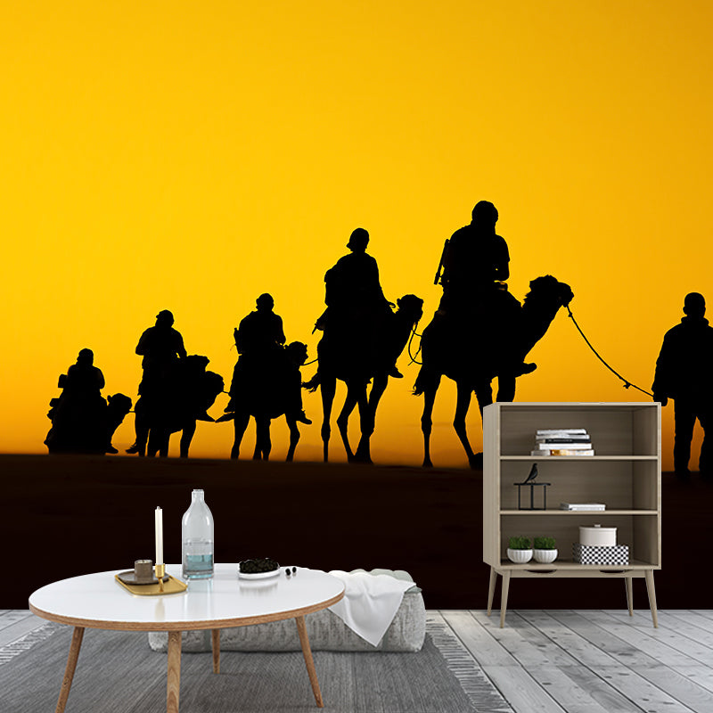 Dark Color Modern Mural Whole Desert Landscape with Camel at Sunset Wall Decor for Home Yellow Clearhalo 'Wall Decor' 'Wall Mural' 2009463