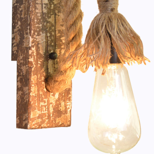 1 Light Bare Bulb Wall Light Fixture Warehouse Beige Jute Rope Wall Mounted Lamp with Wood Backplate Clearhalo 'Industrial wall lights' 'Industrial' 'Middle century wall lights' 'Rustic wall lights' 'Tiffany' 'Wall Lamps & Sconces' 'Wall Lights' Lighting' 2010446