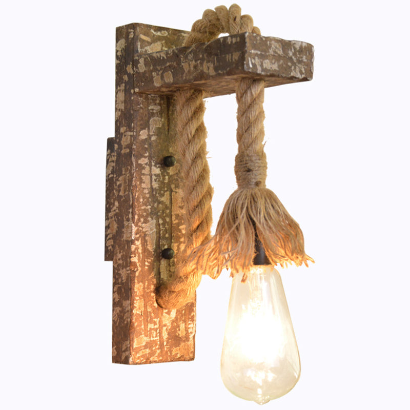 1 Light Bare Bulb Wall Light Fixture Warehouse Beige Jute Rope Wall Mounted Lamp with Wood Backplate Clearhalo 'Industrial wall lights' 'Industrial' 'Middle century wall lights' 'Rustic wall lights' 'Tiffany' 'Wall Lamps & Sconces' 'Wall Lights' Lighting' 2010447