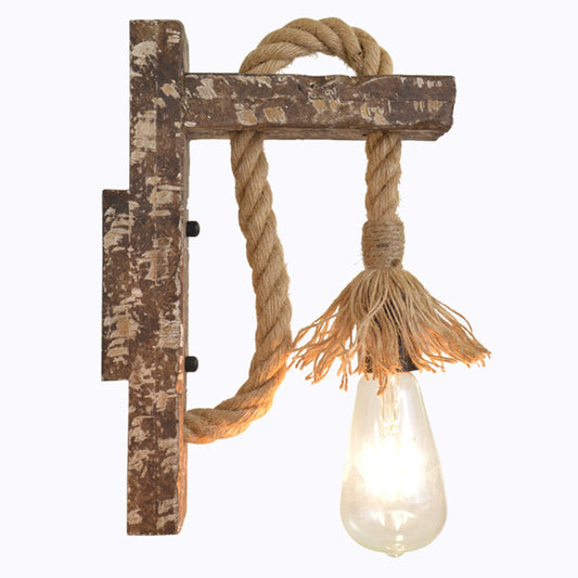 1 Light Bare Bulb Wall Light Fixture Warehouse Beige Jute Rope Wall Mounted Lamp with Wood Backplate Beige Clearhalo 'Industrial wall lights' 'Industrial' 'Middle century wall lights' 'Rustic wall lights' 'Tiffany' 'Wall Lamps & Sconces' 'Wall Lights' Lighting' 2010450