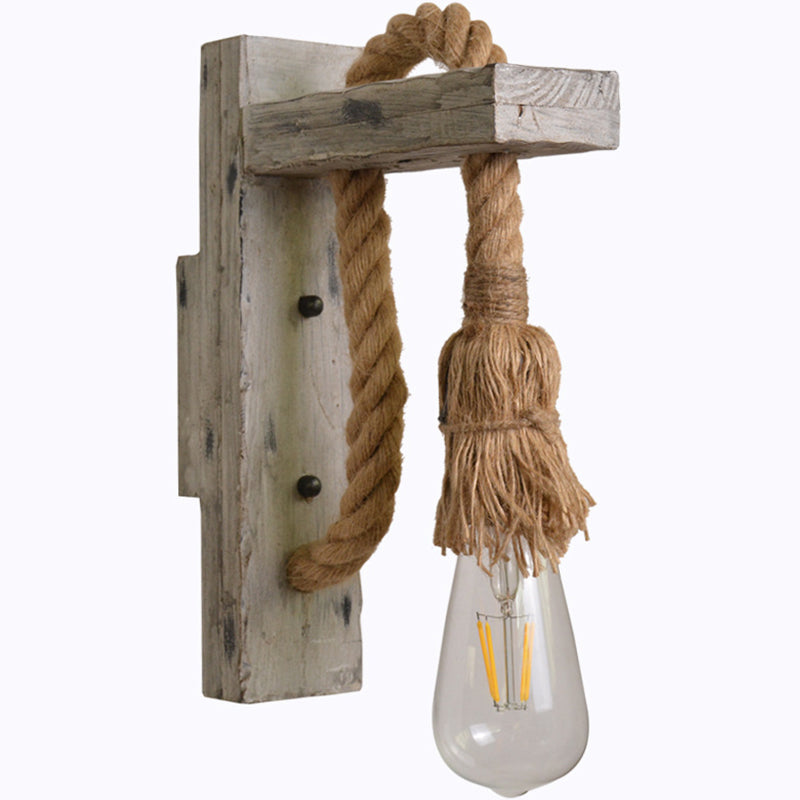 L-Arm Wood Wall Lamp Industrial 1 Head Corridor Wall Lighting Ideas with Rope Cord in Grey Clearhalo 'Industrial wall lights' 'Industrial' 'Middle century wall lights' 'Rustic wall lights' 'Tiffany' 'Wall Lamps & Sconces' 'Wall Lights' Lighting' 2010455