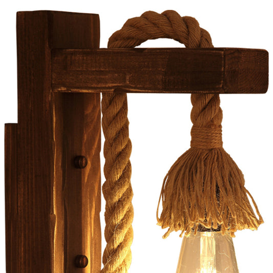 Brown L-Shaped Arm Wall Mount Lighting Rustic Wood 1 Light Dining Room Wall Light Fixture with Hemp Rope Cord Clearhalo 'Industrial wall lights' 'Industrial' 'Middle century wall lights' 'Rustic wall lights' 'Tiffany' 'Wall Lamps & Sconces' 'Wall Lights' Lighting' 2010462