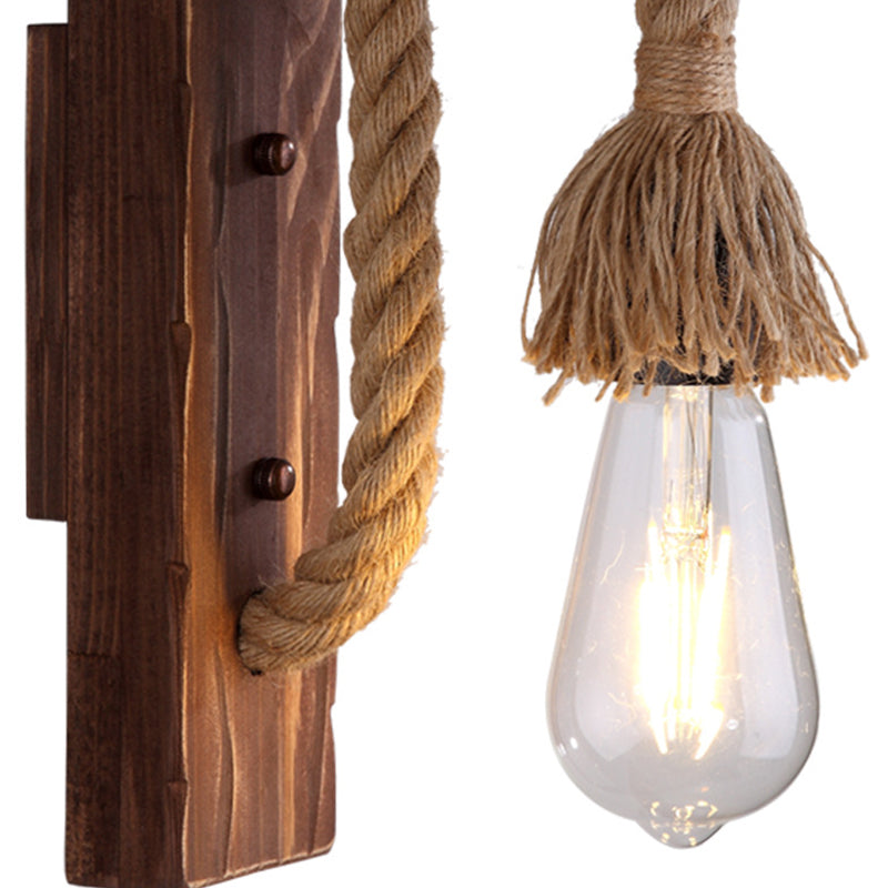 Brown L-Shaped Arm Wall Mount Lighting Rustic Wood 1 Light Dining Room Wall Light Fixture with Hemp Rope Cord Clearhalo 'Industrial wall lights' 'Industrial' 'Middle century wall lights' 'Rustic wall lights' 'Tiffany' 'Wall Lamps & Sconces' 'Wall Lights' Lighting' 2010465