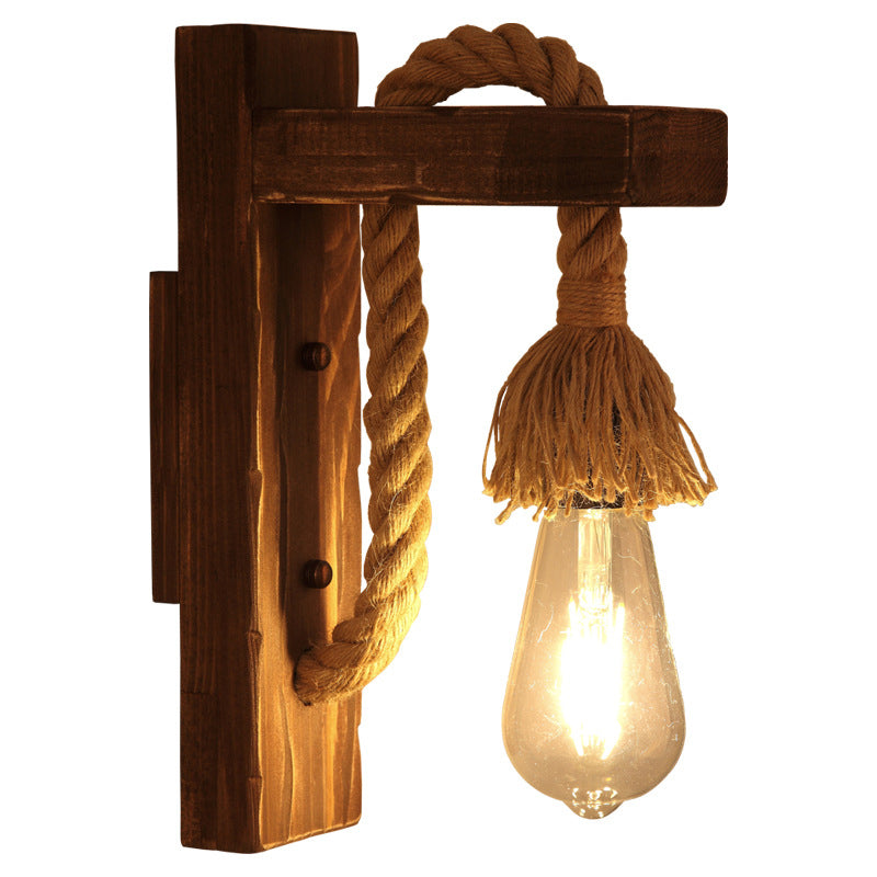 Brown L-Shaped Arm Wall Mount Lighting Rustic Wood 1 Light Dining Room Wall Light Fixture with Hemp Rope Cord Clearhalo 'Industrial wall lights' 'Industrial' 'Middle century wall lights' 'Rustic wall lights' 'Tiffany' 'Wall Lamps & Sconces' 'Wall Lights' Lighting' 2010466