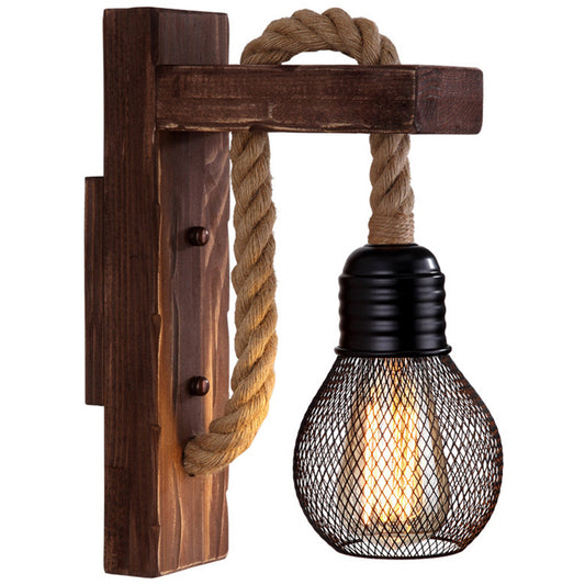 Brown L-Shaped Arm Wall Mount Lighting Rustic Wood 1 Light Dining Room Wall Light Fixture with Hemp Rope Cord Brown With Shade Clearhalo 'Industrial wall lights' 'Industrial' 'Middle century wall lights' 'Rustic wall lights' 'Tiffany' 'Wall Lamps & Sconces' 'Wall Lights' Lighting' 2010467