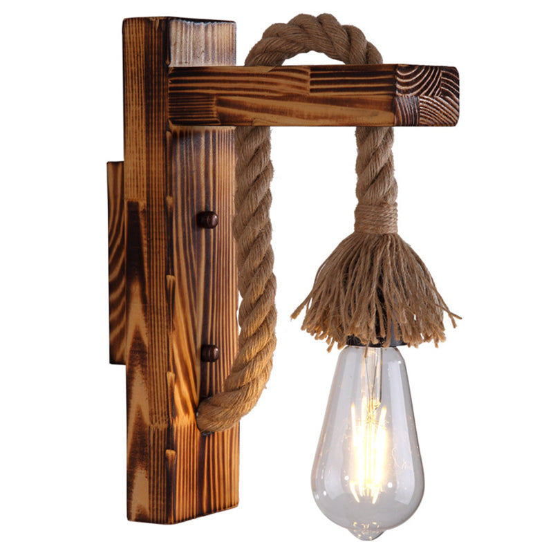 1-Bulb Wood Wall Mounted Lighting Industrial Brown Right Angled Corridor Rope Wall Light Kit Clearhalo 'Industrial wall lights' 'Industrial' 'Middle century wall lights' 'Rustic wall lights' 'Tiffany' 'Wall Lamps & Sconces' 'Wall Lights' Lighting' 2010469