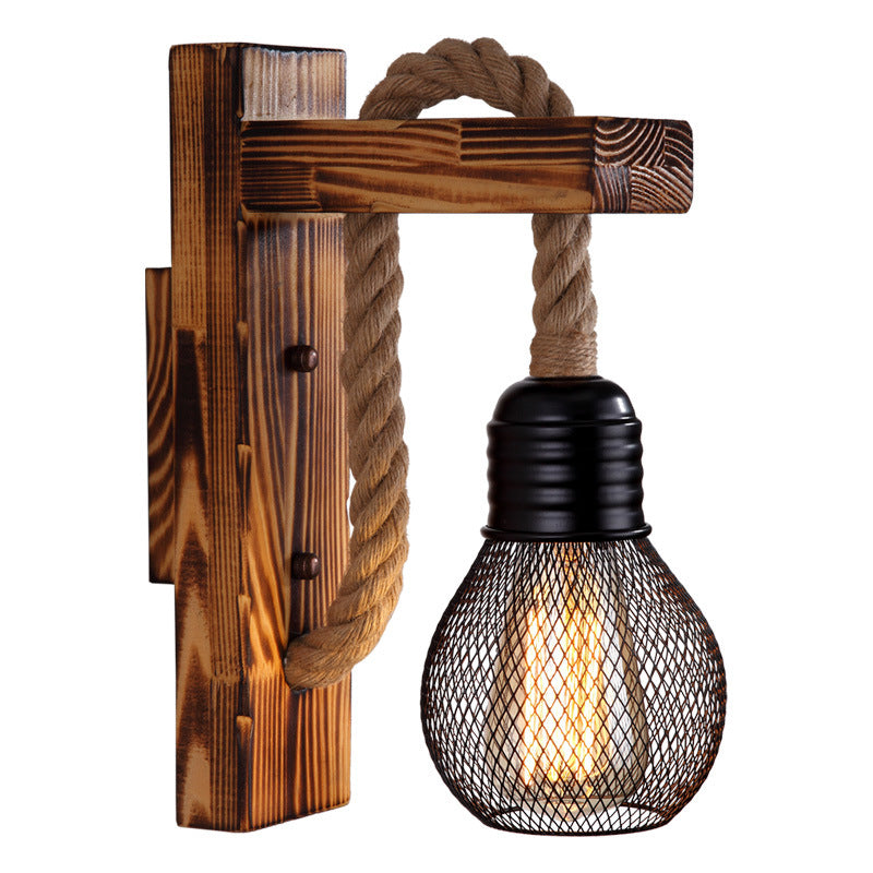 1-Bulb Wood Wall Mounted Lighting Industrial Brown Right Angled Corridor Rope Wall Light Kit Brown With Shade Clearhalo 'Industrial wall lights' 'Industrial' 'Middle century wall lights' 'Rustic wall lights' 'Tiffany' 'Wall Lamps & Sconces' 'Wall Lights' Lighting' 2010473