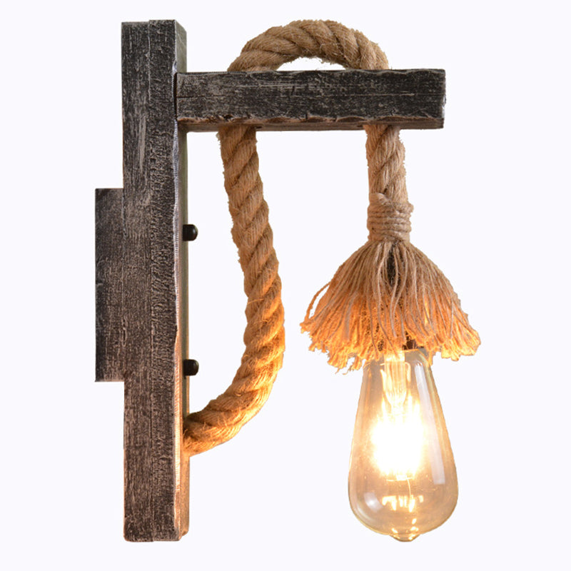 Rope Grey Wall Hanging Light Bare Bulb 1 Light Industrial Style Wall Lighting Ideas with Wood L-Arm Grey Clearhalo 'Industrial wall lights' 'Industrial' 'Middle century wall lights' 'Rustic wall lights' 'Tiffany' 'Wall Lamps & Sconces' 'Wall Lights' Lighting' 2010478