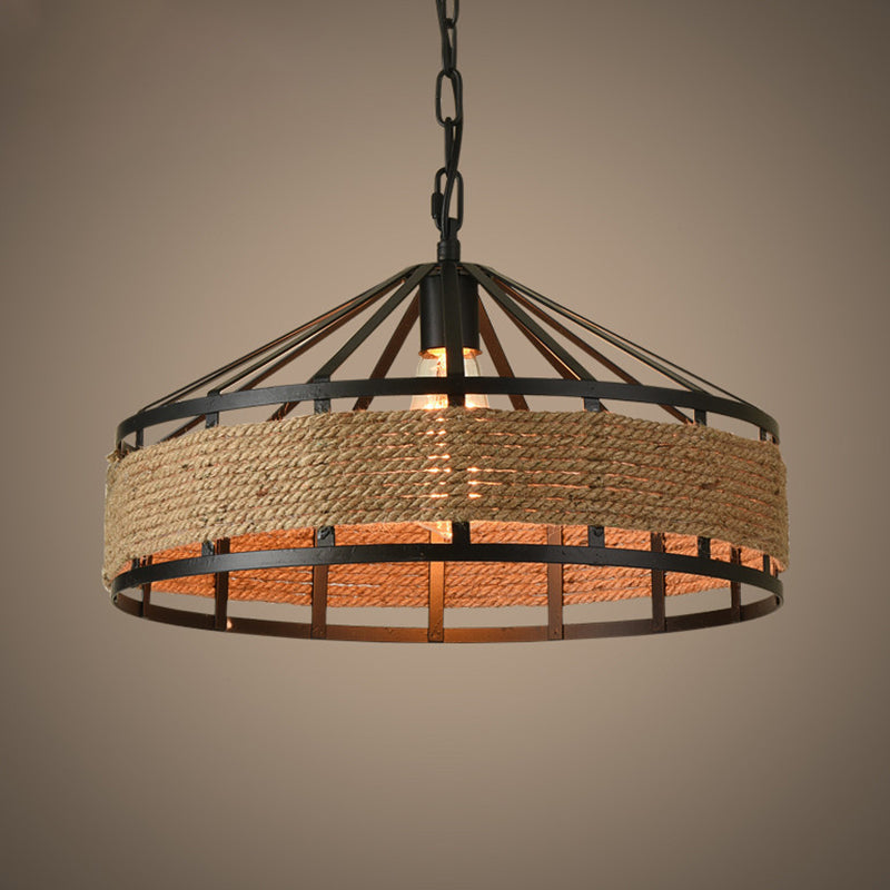 Barn Metal Hanging Ceiling Light Antiqued 1 Bulb Restaurant Jute Rope Drop Pendant in Black Black Clearhalo 'Art Deco Pendants' 'Black' 'Cast Iron' 'Ceiling Lights' 'Ceramic' 'Crystal' 'Industrial Pendants' 'Industrial' 'Metal' 'Middle Century Pendants' 'Pendant Lights' 'Pendants' 'Rustic Pendants' 'Tiffany' Lighting' 2010489