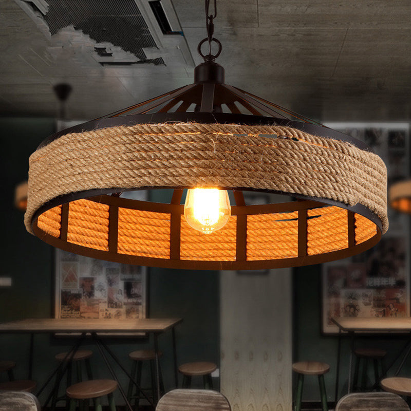 Barn Metal Hanging Ceiling Light Antiqued 1 Bulb Restaurant Jute Rope Drop Pendant in Black Clearhalo 'Art Deco Pendants' 'Black' 'Cast Iron' 'Ceiling Lights' 'Ceramic' 'Crystal' 'Industrial Pendants' 'Industrial' 'Metal' 'Middle Century Pendants' 'Pendant Lights' 'Pendants' 'Rustic Pendants' 'Tiffany' Lighting' 2010490