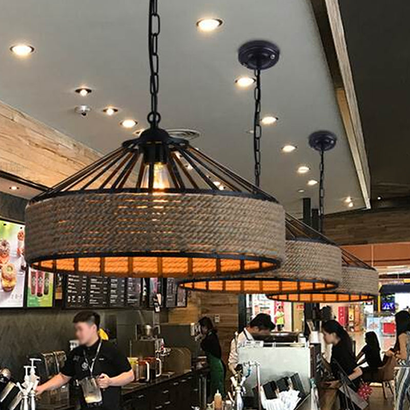 1 Light Pendant Light Kit Industrial Dining Room Rope Hanging Lamp with Barn Metal Shade in Black Clearhalo 'Art Deco Pendants' 'Black' 'Cast Iron' 'Ceiling Lights' 'Ceramic' 'Crystal' 'Industrial Pendants' 'Industrial' 'Metal' 'Middle Century Pendants' 'Pendant Lights' 'Pendants' 'Rustic Pendants' 'Tiffany' Lighting' 2010497