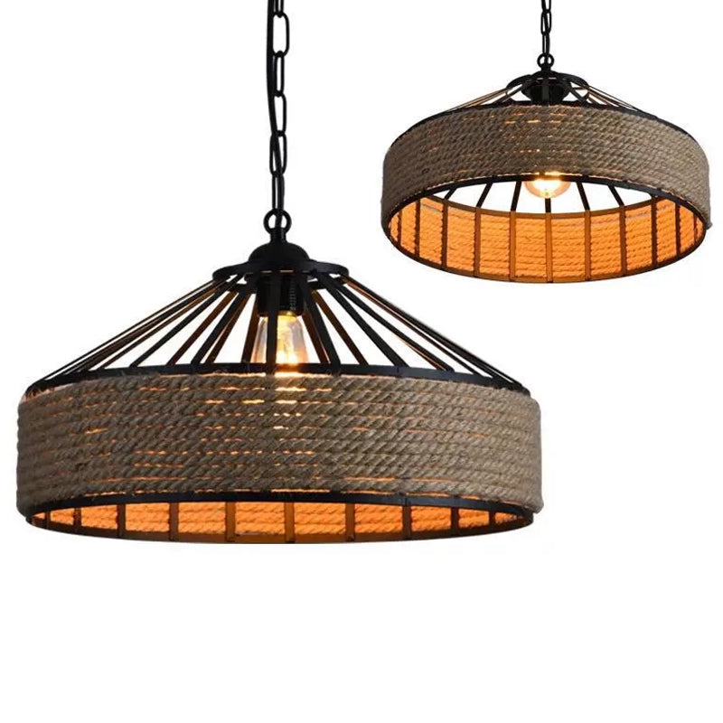 1 Light Pendant Light Kit Industrial Dining Room Rope Hanging Lamp with Barn Metal Shade in Black Clearhalo 'Art Deco Pendants' 'Black' 'Cast Iron' 'Ceiling Lights' 'Ceramic' 'Crystal' 'Industrial Pendants' 'Industrial' 'Metal' 'Middle Century Pendants' 'Pendant Lights' 'Pendants' 'Rustic Pendants' 'Tiffany' Lighting' 2010498