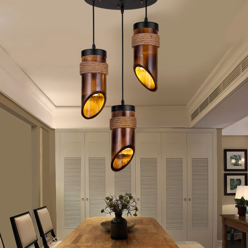 Bamboo Beveled Tube Hanging Light Fixture Factory Dining Room Rope Suspension Lamp in Brown 3 Brown Clearhalo 'Ceiling Lights' 'Industrial Pendants' 'Industrial' 'Middle Century Pendants' 'Pendant Lights' 'Pendants' 'Tiffany' Lighting' 2010499