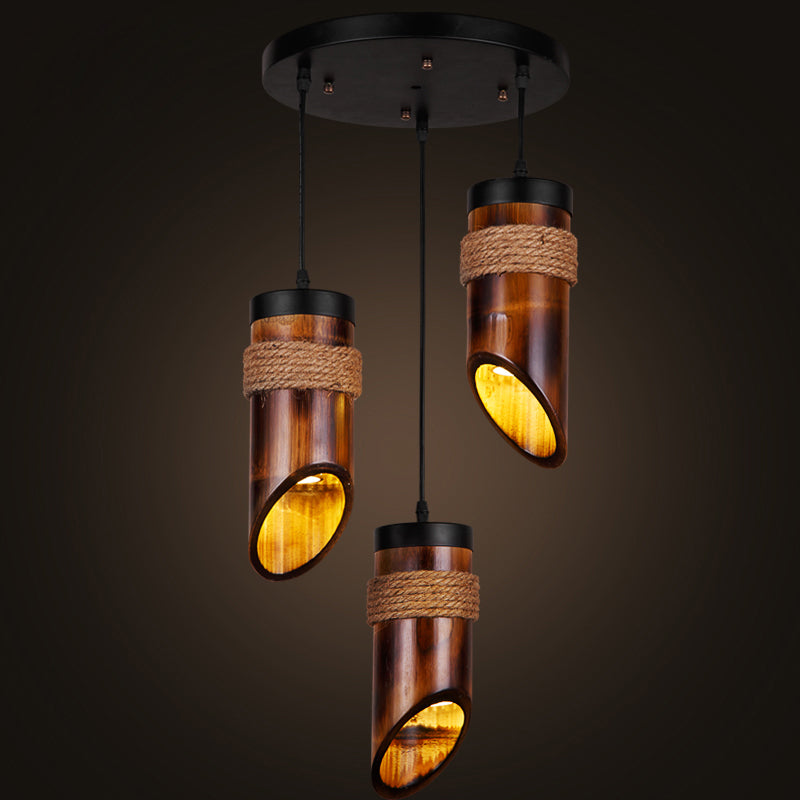Bamboo Beveled Tube Hanging Light Fixture Factory Dining Room Rope Suspension Lamp in Brown Clearhalo 'Ceiling Lights' 'Industrial Pendants' 'Industrial' 'Middle Century Pendants' 'Pendant Lights' 'Pendants' 'Tiffany' Lighting' 2010501