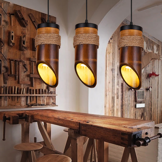 Bamboo Beveled Tube Hanging Light Fixture Factory Dining Room Rope Suspension Lamp in Brown 1 Brown Clearhalo 'Ceiling Lights' 'Industrial Pendants' 'Industrial' 'Middle Century Pendants' 'Pendant Lights' 'Pendants' 'Tiffany' Lighting' 2010502
