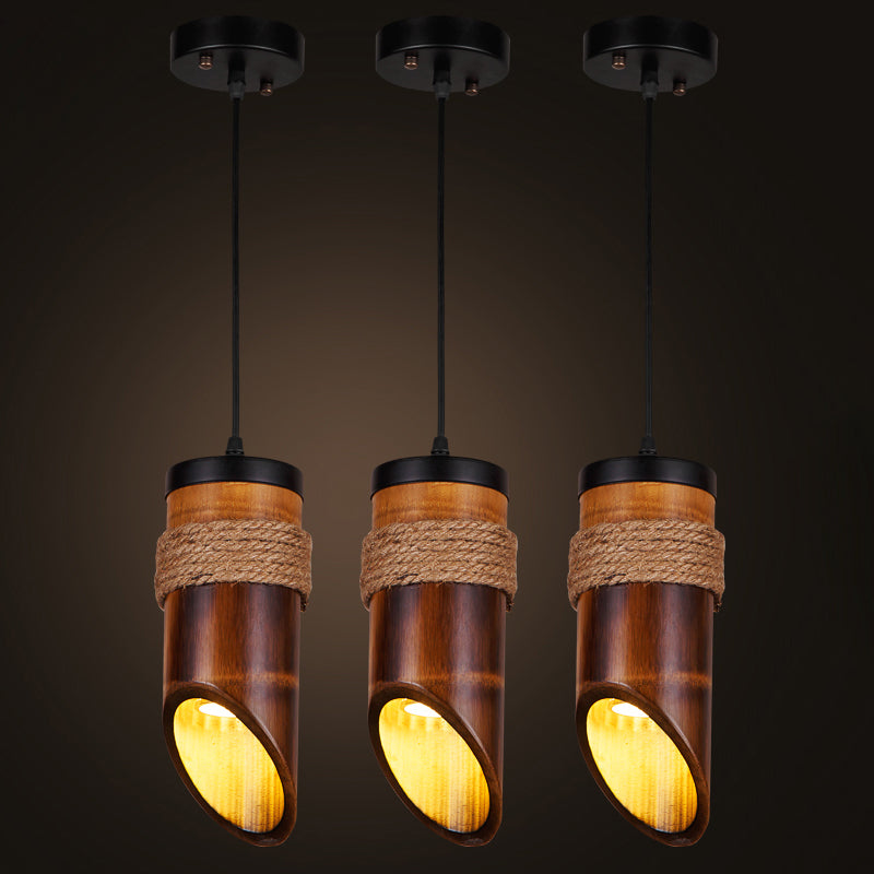 Bamboo Beveled Tube Hanging Light Fixture Factory Dining Room Rope Suspension Lamp in Brown Clearhalo 'Ceiling Lights' 'Industrial Pendants' 'Industrial' 'Middle Century Pendants' 'Pendant Lights' 'Pendants' 'Tiffany' Lighting' 2010503