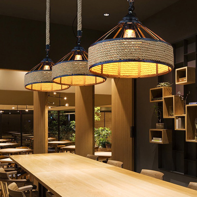 1 Head Suspension Lighting Farmhouse Rope Barn Shade Metal Drop Lamp in Black for Dining Room Clearhalo 'Art Deco Pendants' 'Black' 'Cast Iron' 'Ceiling Lights' 'Ceramic' 'Crystal' 'Industrial Pendants' 'Industrial' 'Metal' 'Middle Century Pendants' 'Pendant Lights' 'Pendants' 'Rustic Pendants' 'Tiffany' Lighting' 2010505