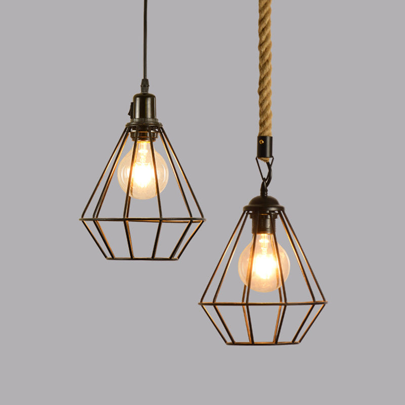 Diamond Cage Dining Room Pendant Lighting Warehouse Metal 1 Light Black Pendulum Light Clearhalo 'Art Deco Pendants' 'Black' 'Cast Iron' 'Ceiling Lights' 'Ceramic' 'Crystal' 'Industrial Pendants' 'Industrial' 'Metal' 'Middle Century Pendants' 'Pendant Lights' 'Pendants' 'Rustic Pendants' 'Tiffany' Lighting' 2010510