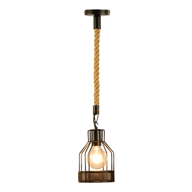 Black 1 Bulb Drop Pendant Factory Metal Bottle Cage Hanging Ceiling Light for Dining Room Black Rope Clearhalo 'Art Deco Pendants' 'Black' 'Cast Iron' 'Ceiling Lights' 'Ceramic' 'Crystal' 'Industrial Pendants' 'Industrial' 'Metal' 'Middle Century Pendants' 'Pendant Lights' 'Pendants' 'Rustic Pendants' 'Tiffany' Lighting' 2010515