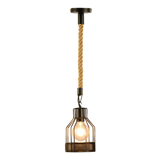 Black 1 Bulb Drop Pendant Factory Metal Bottle Cage Hanging Ceiling Light for Dining Room Black Rope Clearhalo 'Art Deco Pendants' 'Black' 'Cast Iron' 'Ceiling Lights' 'Ceramic' 'Crystal' 'Industrial Pendants' 'Industrial' 'Metal' 'Middle Century Pendants' 'Pendant Lights' 'Pendants' 'Rustic Pendants' 'Tiffany' Lighting' 2010515