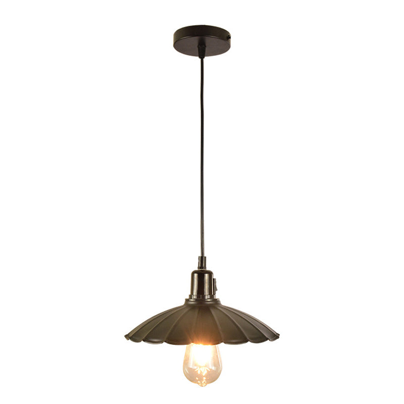 Black Scalloped Hanging Pendant Light Vintage Metal 1-Light Dining Room Suspension Lighting Black Downrods Clearhalo 'Art Deco Pendants' 'Black' 'Cast Iron' 'Ceiling Lights' 'Ceramic' 'Crystal' 'Industrial Pendants' 'Industrial' 'Metal' 'Middle Century Pendants' 'Pendant Lights' 'Pendants' 'Rustic Pendants' 'Tiffany' Lighting' 2010516