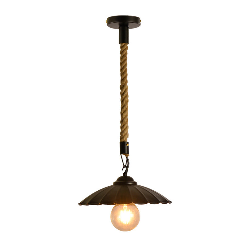 Black Scalloped Hanging Pendant Light Vintage Metal 1-Light Dining Room Suspension Lighting Black Cord Clearhalo 'Art Deco Pendants' 'Black' 'Cast Iron' 'Ceiling Lights' 'Ceramic' 'Crystal' 'Industrial Pendants' 'Industrial' 'Metal' 'Middle Century Pendants' 'Pendant Lights' 'Pendants' 'Rustic Pendants' 'Tiffany' Lighting' 2010518