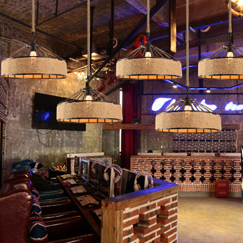 Rustic Rope Barn Hanging Ceiling Light 1 Light Metal Drop Lamp in Beige for Restaurant Beige A Clearhalo 'Art Deco Pendants' 'Cast Iron' 'Ceiling Lights' 'Ceramic' 'Crystal' 'Industrial Pendants' 'Industrial' 'Metal' 'Middle Century Pendants' 'Pendant Lights' 'Pendants' 'Tiffany' Lighting' 2010527