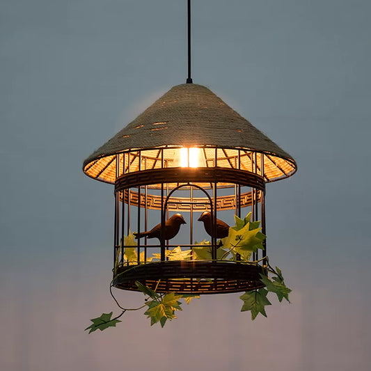 Birdcage Metal Pendant Ceiling Light Farmhouse 1 Head Dining Room Rope Down Lighting in Beige Clearhalo 'Art Deco Pendants' 'Cast Iron' 'Ceiling Lights' 'Ceramic' 'Crystal' 'Industrial Pendants' 'Industrial' 'Metal' 'Middle Century Pendants' 'Pendant Lights' 'Pendants' 'Tiffany' Lighting' 2010534