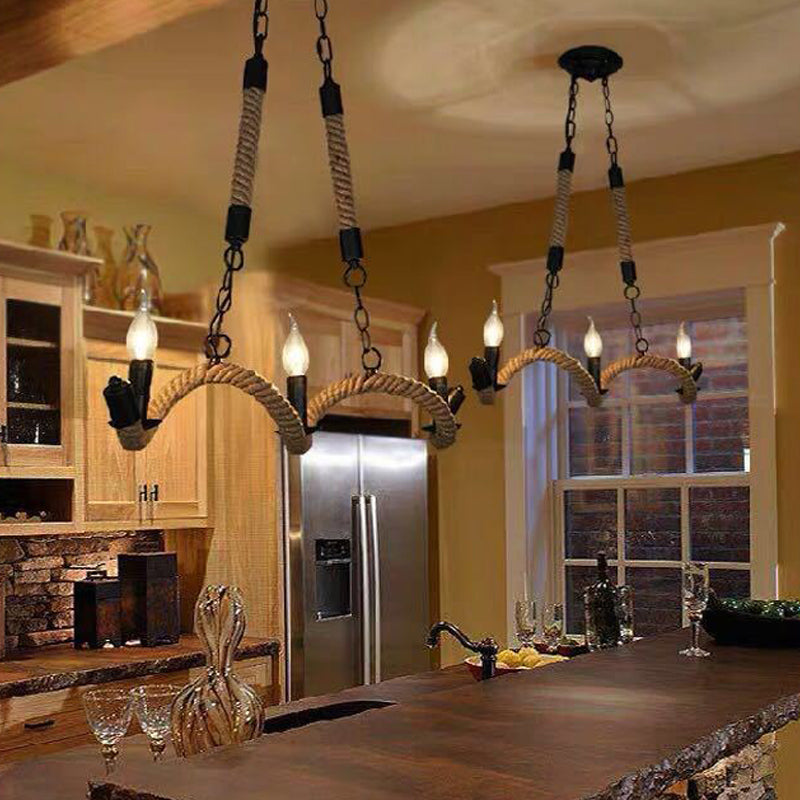 Rope Twisting Island Light Fixture Factory 3 Bulbs Restaurant Pendant Lighting with Candle Design in Black Clearhalo 'Ceiling Lights' 'Island Lights' Lighting' 2010545