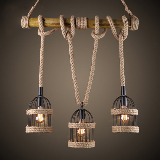 3-Light Island Lamp Farm Birdcage Metallic Hanging Ceiling Light with Jute Rope Cord Clearhalo 'Ceiling Lights' 'Island Lights' Lighting' 2010549