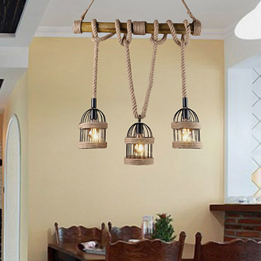 3-Light Island Lamp Farm Birdcage Metallic Hanging Ceiling Light with Jute Rope Cord Clearhalo 'Ceiling Lights' 'Island Lights' Lighting' 2010550