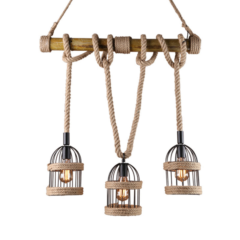 3-Light Island Lamp Farm Birdcage Metallic Hanging Ceiling Light with Jute Rope Cord Clearhalo 'Ceiling Lights' 'Island Lights' Lighting' 2010551
