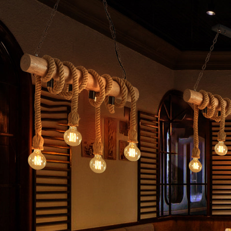 Linear Restaurant Island Pendant Light Warehouse Rope 4 Lights Brown Hanging Lamp Kit Clearhalo 'Ceiling Lights' 'Island Lights' Lighting' 2010555