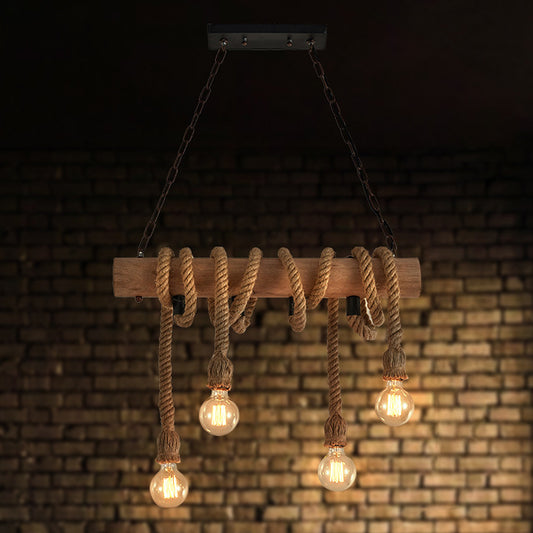 Linear Restaurant Island Pendant Light Warehouse Rope 4 Lights Brown Hanging Lamp Kit Clearhalo 'Ceiling Lights' 'Island Lights' Lighting' 2010557