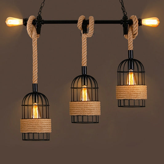 Black 5 Bulbs Island Lighting Factory Metal Birdcage Hanging Pendant Light with Jute Rope Cord Clearhalo 'Ceiling Lights' 'Island Lights' Lighting' 2010560