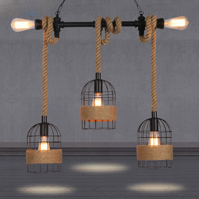 Black 5 Bulbs Island Lighting Factory Metal Birdcage Hanging Pendant Light with Jute Rope Cord Clearhalo 'Ceiling Lights' 'Island Lights' Lighting' 2010562