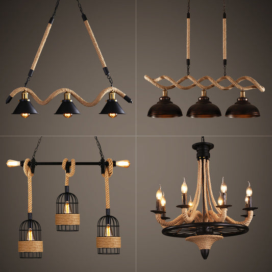 Beige Geometry Hanging Island Light Farmhouse Metal 3 Heads Dining Room Rope Pendant Lamp Clearhalo 'Cast Iron' 'Ceiling Lights' 'Chandeliers' 'Industrial Chandeliers' 'Industrial' 'Metal' 'Middle Century Chandeliers' 'Rustic Chandeliers' 'Tiffany' Lighting' 2010565