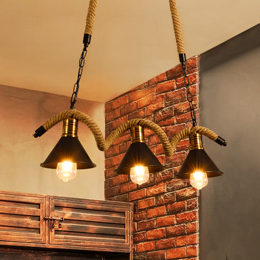 Metallic Island Pendant Lamp Industrial Black Geometry Dining Room Hanging Light Fixture with Jute Rope Cord 3 Black A Clearhalo 'Ceiling Lights' 'Island Lights' Lighting' 2010569