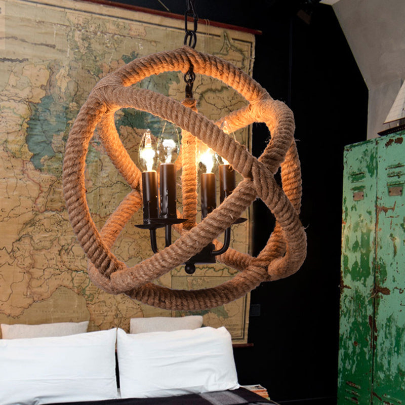 Round Hemp Rope Ceiling Chandelier Farm 4-Light Bedroom Suspension Pendant Light in Beige Clearhalo 'Cast Iron' 'Ceiling Lights' 'Chandeliers' 'Industrial Chandeliers' 'Industrial' 'Metal' 'Middle Century Chandeliers' 'Rustic Chandeliers' 'Tiffany' Lighting' 2010586