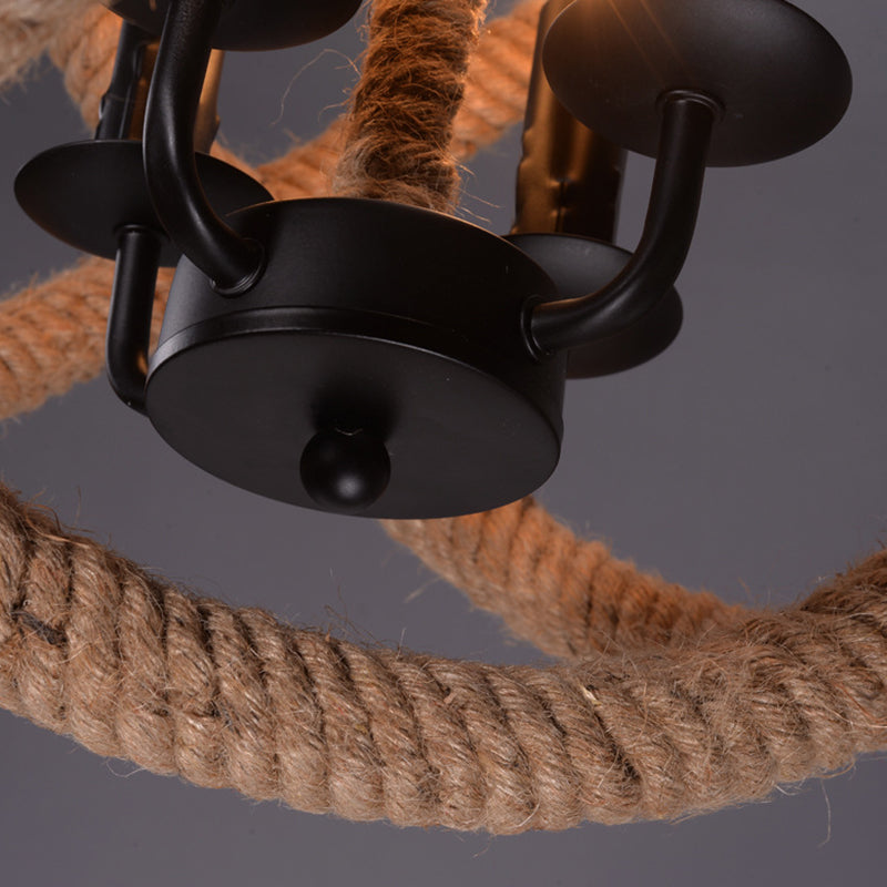 Round Hemp Rope Ceiling Chandelier Farm 4-Light Bedroom Suspension Pendant Light in Beige Clearhalo 'Cast Iron' 'Ceiling Lights' 'Chandeliers' 'Industrial Chandeliers' 'Industrial' 'Metal' 'Middle Century Chandeliers' 'Rustic Chandeliers' 'Tiffany' Lighting' 2010587