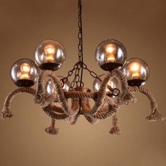 6 Heads Hanging Chandelier Farmhouse Dining Room Rope Pendant Lamp with Orb Smokey Glass Shade in Beige Clearhalo 'Cast Iron' 'Ceiling Lights' 'Chandeliers' 'Industrial Chandeliers' 'Industrial' 'Metal' 'Middle Century Chandeliers' 'Rustic Chandeliers' 'Tiffany' Lighting' 2010590