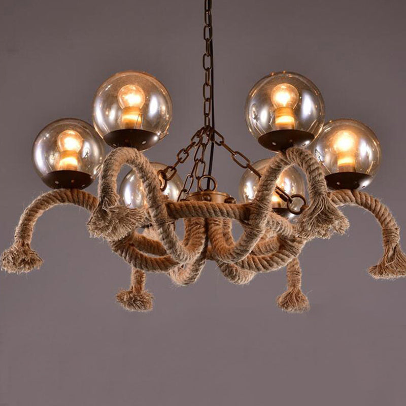 6 Heads Hanging Chandelier Farmhouse Dining Room Rope Pendant Lamp with Orb Smokey Glass Shade in Beige Clearhalo 'Cast Iron' 'Ceiling Lights' 'Chandeliers' 'Industrial Chandeliers' 'Industrial' 'Metal' 'Middle Century Chandeliers' 'Rustic Chandeliers' 'Tiffany' Lighting' 2010591