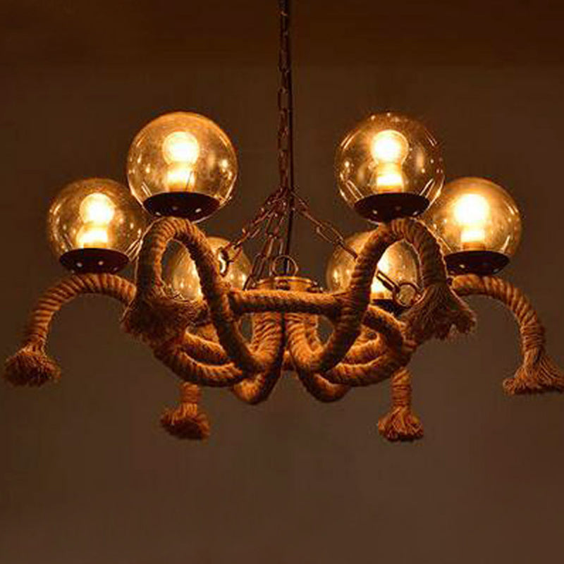 6 Heads Hanging Chandelier Farmhouse Dining Room Rope Pendant Lamp with Orb Smokey Glass Shade in Beige Clearhalo 'Cast Iron' 'Ceiling Lights' 'Chandeliers' 'Industrial Chandeliers' 'Industrial' 'Metal' 'Middle Century Chandeliers' 'Rustic Chandeliers' 'Tiffany' Lighting' 2010592