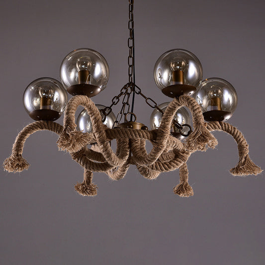 6 Heads Hanging Chandelier Farmhouse Dining Room Rope Pendant Lamp with Orb Smokey Glass Shade in Beige Clearhalo 'Cast Iron' 'Ceiling Lights' 'Chandeliers' 'Industrial Chandeliers' 'Industrial' 'Metal' 'Middle Century Chandeliers' 'Rustic Chandeliers' 'Tiffany' Lighting' 2010593