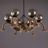 6 Heads Hanging Chandelier Farmhouse Dining Room Rope Pendant Lamp with Orb Smokey Glass Shade in Beige Clearhalo 'Cast Iron' 'Ceiling Lights' 'Chandeliers' 'Industrial Chandeliers' 'Industrial' 'Metal' 'Middle Century Chandeliers' 'Rustic Chandeliers' 'Tiffany' Lighting' 2010593