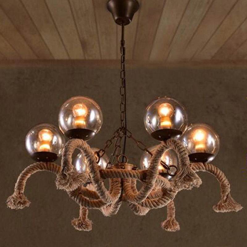 6 Heads Hanging Chandelier Farmhouse Dining Room Rope Pendant Lamp with Orb Smokey Glass Shade in Beige Beige Clearhalo 'Cast Iron' 'Ceiling Lights' 'Chandeliers' 'Industrial Chandeliers' 'Industrial' 'Metal' 'Middle Century Chandeliers' 'Rustic Chandeliers' 'Tiffany' Lighting' 2010594
