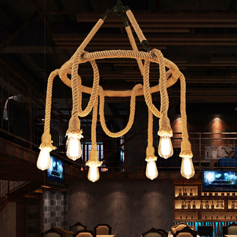 Hemp Rope Exposed Bulb Chandelier Antiqued Restaurant Pendant Light Kit in Beige Clearhalo 'Cast Iron' 'Ceiling Lights' 'Chandeliers' 'Industrial Chandeliers' 'Industrial' 'Metal' 'Middle Century Chandeliers' 'Rustic Chandeliers' 'Tiffany' Lighting' 2010596
