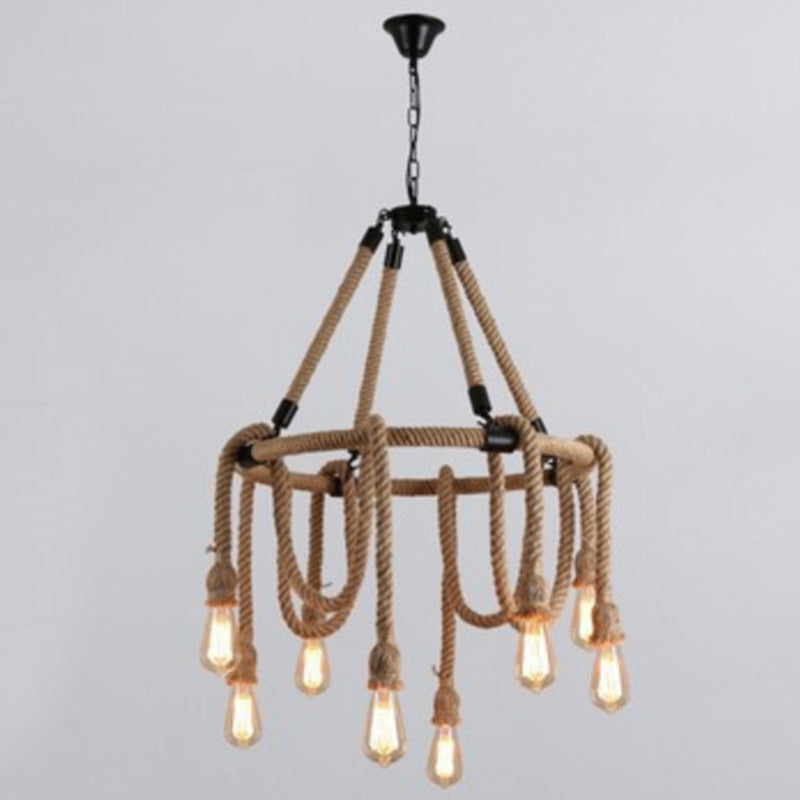 Hemp Rope Exposed Bulb Chandelier Antiqued Restaurant Pendant Light Kit in Beige Clearhalo 'Cast Iron' 'Ceiling Lights' 'Chandeliers' 'Industrial Chandeliers' 'Industrial' 'Metal' 'Middle Century Chandeliers' 'Rustic Chandeliers' 'Tiffany' Lighting' 2010597
