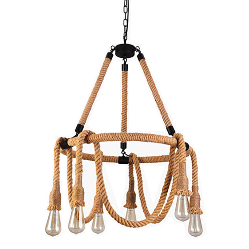 Hemp Rope Exposed Bulb Chandelier Antiqued Restaurant Pendant Light Kit in Beige Clearhalo 'Cast Iron' 'Ceiling Lights' 'Chandeliers' 'Industrial Chandeliers' 'Industrial' 'Metal' 'Middle Century Chandeliers' 'Rustic Chandeliers' 'Tiffany' Lighting' 2010600